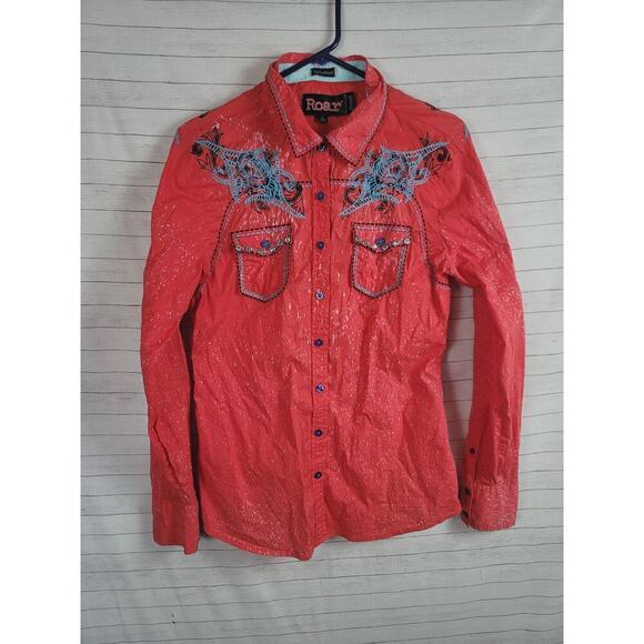 Roar Wild Heart Button Up Shirt in Orange, sz Large - Picture 2 of 15